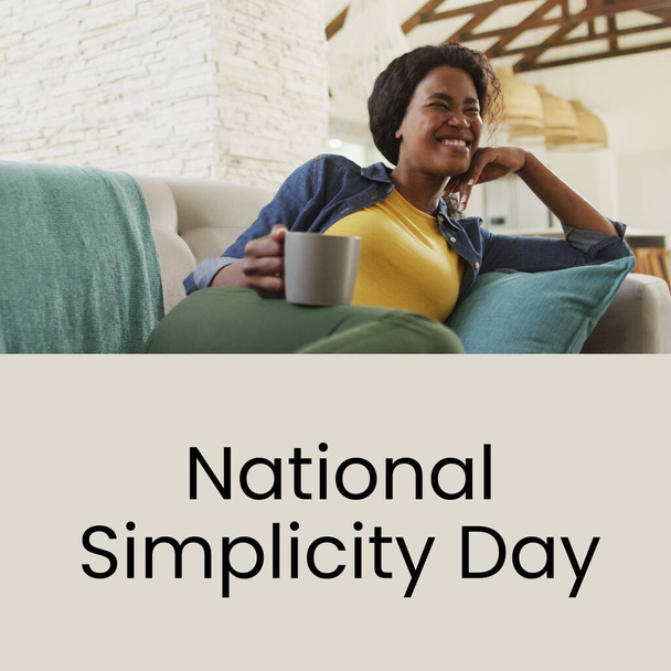 Composition of national simplicity day text over african american woman smiling with cup of tea. National simplicity day, calm and simple life concept digitally generated image. - Fotó, kép