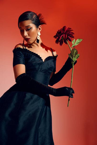 elegant lentemodeconcept, jonge Aziatische vrouw in zwarte cocktailjurk, lange handschoenen en trendy oorbellen poserend met bordeaux pioenroos op rode en roze achtergrond, generatie z - Foto, afbeelding
