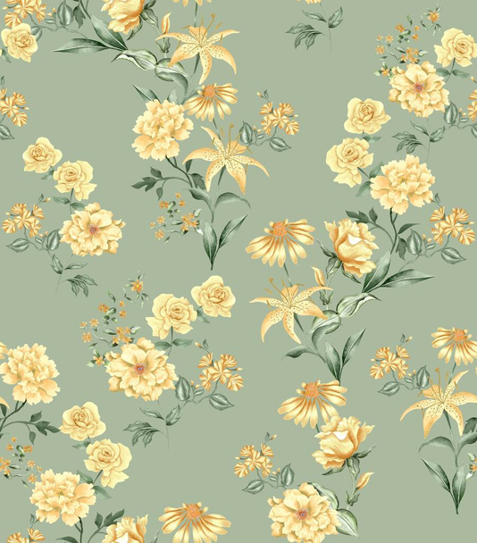 Watercolor flowers pattern, yellow tropical elements, green leaves, green background, seamless - Foto, immagini