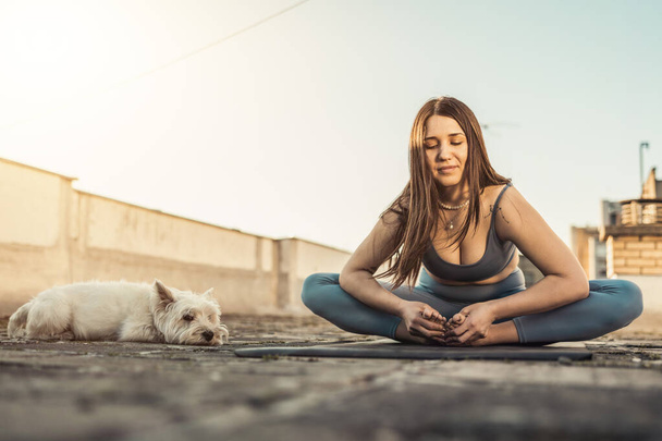 Relaxed woman practicing yoga on a rooftop terrace at sunset supporting by her pet dog. - Foto, immagini