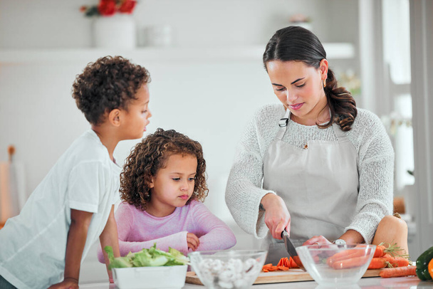Főzés, élelmiszer és vágás családdal a konyhában az egészség, a táplálkozás és a támogatás. Táplálkozás, zöldségek és vacsora anyával és gyermekekkel ételkészítéssel otthon wellness, saláta és tanulás céljából. - Fotó, kép