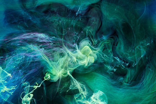 Green blue color abstract smoke background. Mix alcohol ink, creative liquid art mock-up with copy space. Acrylic paint waves underwater - Fotó, kép