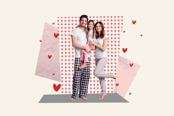 Artwork collage picture of lovely peaceful parents hold arms hug little daughter drawing hearts isolated on painted background. - Fotoğraf, Görsel
