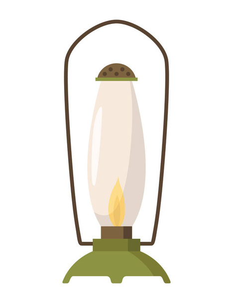 Vintage camping Laterne oder Öllampe. Griff Gaslampen für touristische Wanderungen. Flammenglühen Lager Brennstoff brennen isoliert auf weißem Hintergrund. - Vektor, Bild