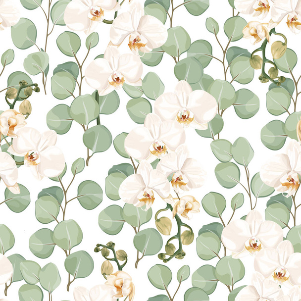 Seamless tropical pattern with white Phalaenopsis orchid flowers and eucalyptus leaves. Stock vector illustration on a white background. - Vector, Image