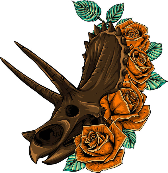 Rysunek czaszki Triceratops z różą - Wektor, obraz