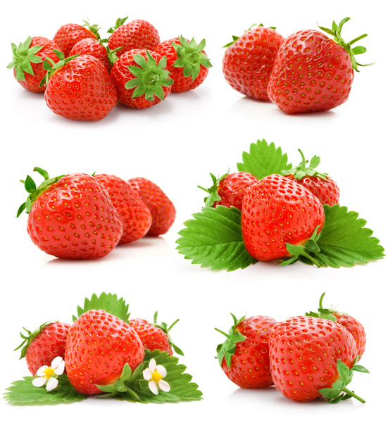 Set of red strawberry fruits with green leaves - Photo, Image