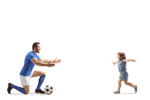 Little girl running to hug a football player isolated on white backgroun - Foto, imagen
