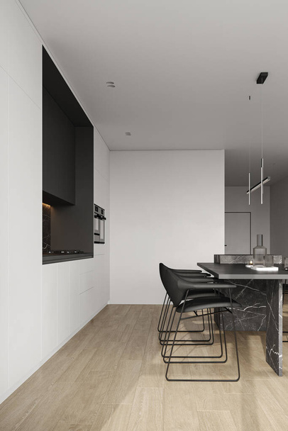 Cucina minimale di lusso panoramica con isola in marmo nero, pavimento in legno massello, armadi bianchi e bar con sgabelli. Rendering 3D. Illustrazione 3D di alta qualità. - Foto, immagini