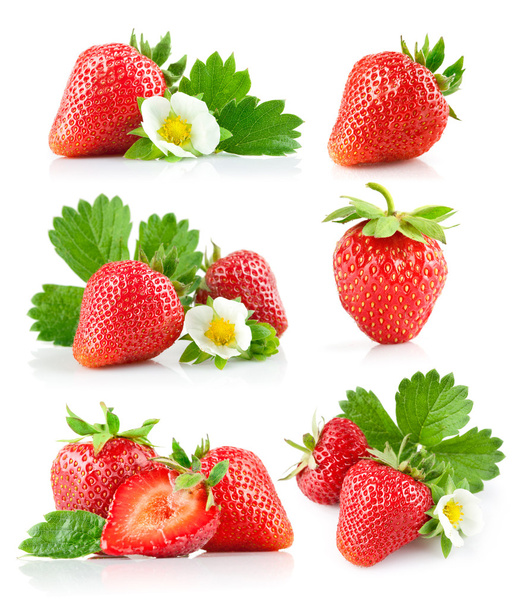 Set strawberry berry with green leaf and flower - Photo, Image