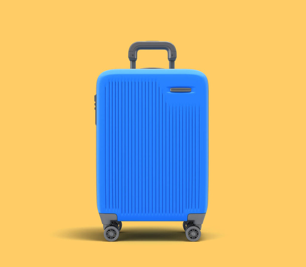 Large plastic travel suitcase with a combination lock and wheels front view 3d render on yellow - Fotografie, Obrázek