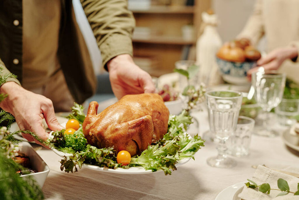 Hands of young man putting plate with homemade roasted poultry decorated with green lettuce and yellow tomatoes on table - Photo, image
