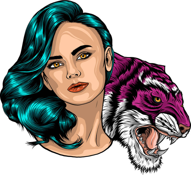 απεικόνιση της γυναίκας με μακριά μαλλιά και βρυχηθμό άγρια τίγρη κεφάλι - Διάνυσμα, εικόνα