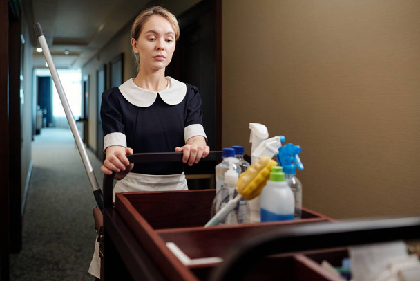 Νεαρή ξανθιά καμαριέρα με καλάθι γεμάτο απορρυπαντικά που περπατάνε γύρω από το ξενοδοχείο για να καθαρίσουν τα έπιπλα, να πλύνουν το πάτωμα και να παρέχουν άλλες υπηρεσίες δωματίου - Φωτογραφία, εικόνα