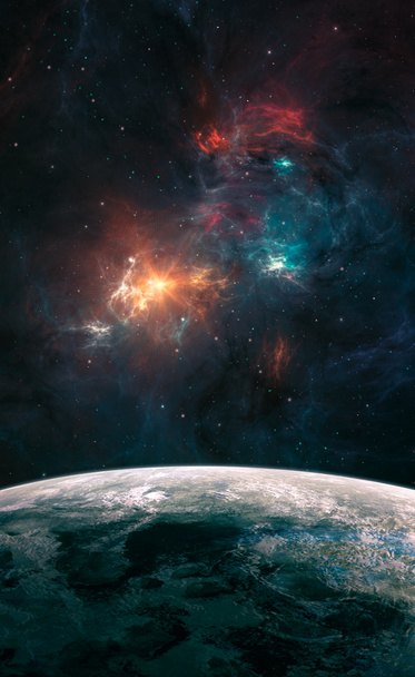 Kosmiczne tło. Kolorowa niebiesko-czerwona mgławica z planetą i polem gwiazd. Cyfrowy obraz, Elementy umeblowane przez NASA. Renderowanie 3D - Zdjęcie, obraz