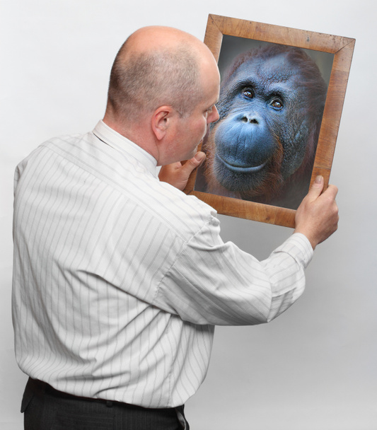 変な男と彼の猿の顔が付いているミラー - 写真・画像