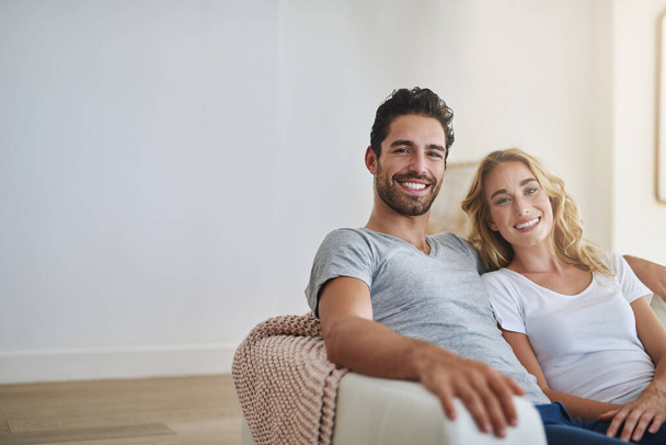 Smile, portrait or happy couple in home with trust, commitment or loyalty together bonding or smiling. Wellness, lovers or woman enjoys quality time with a romantic man on holiday weekend break. - Photo, image