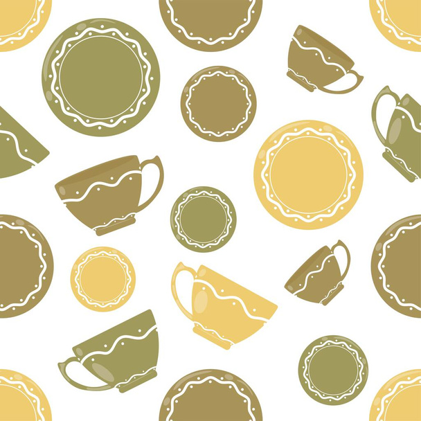 patrón sin costuras de platos pintados y tazas de té en diferentes colores - Vector, imagen