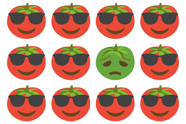tomates rojos sonrientes con gafas de sol y un tomate verde triste, patrón concepto emoji sobre fondo blanco, ilustración vectorial - Vector, imagen