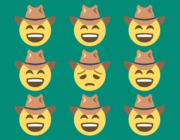 facce felici e una faccia delusa con cappello da cowboy, modello di concetto emoji, illustrazione vettoriale - Vettoriali, immagini