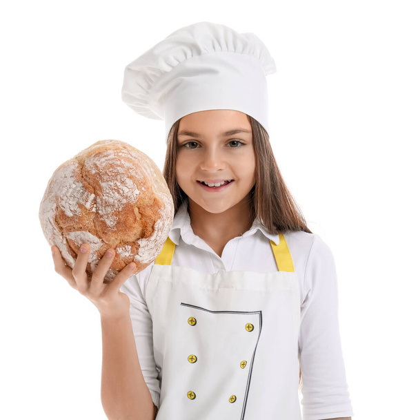 Little baker with fresh bread on white background - Photo, Image