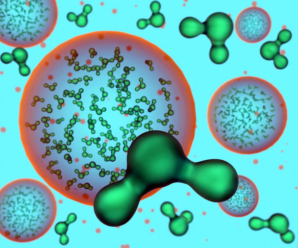 Молекулы кислорода внутри нанопузырьков с трехмерным рендерингом молекул воды - Фото, изображение