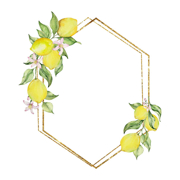Geometric golden frame with watercolor lemons, for the design of cards and invitations - Photo, image