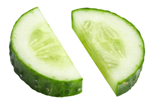 Cucumber slice clipping path. Organic fresh cucumber isolated on white. Full depth of field - Zdjęcie, obraz