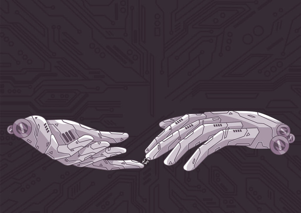 Käsi robotti koskettaa toisiaan sormella tekoäly teknologia futuristinen automaatio kone verkko ihmisen tulevaisuus vektori - Vektori, kuva