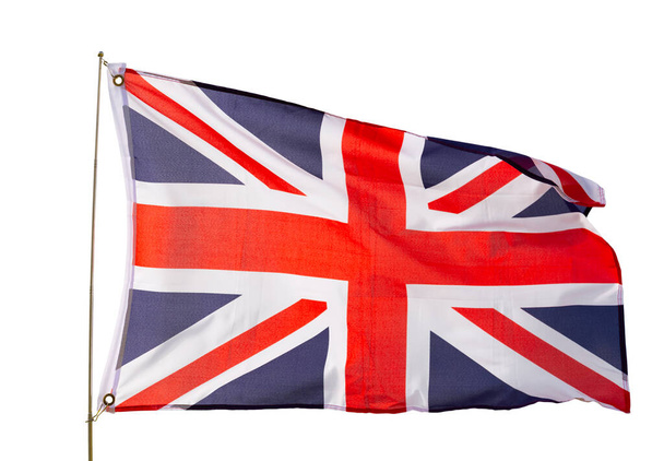 Cloth fabric flag flutters of United Kingdom of Great Britain and Northern Ireland flutters. Isolated over white background - Photo, image