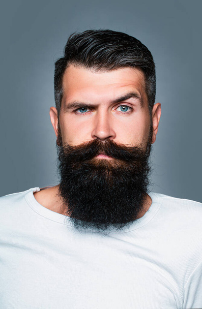 Handsome bearded man with long lush beard and moustacheon grey background - Foto, Imagen