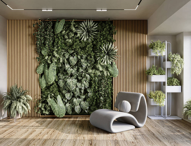 Live green wall in home interior. Vertical gardening, 3d rendering - 写真・画像