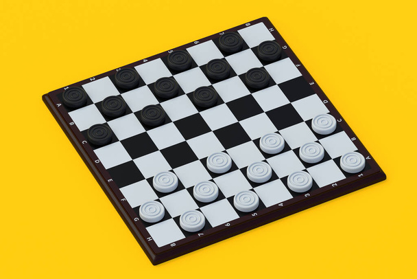Draughts on orange background. Board game. Beginner training. International championship. Pastime with family. 3d render - Photo, image