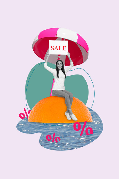 Creative surreal template collage of excited lady sitting half mandarin ripe showing advertise summer season sale promo. - Fotó, kép