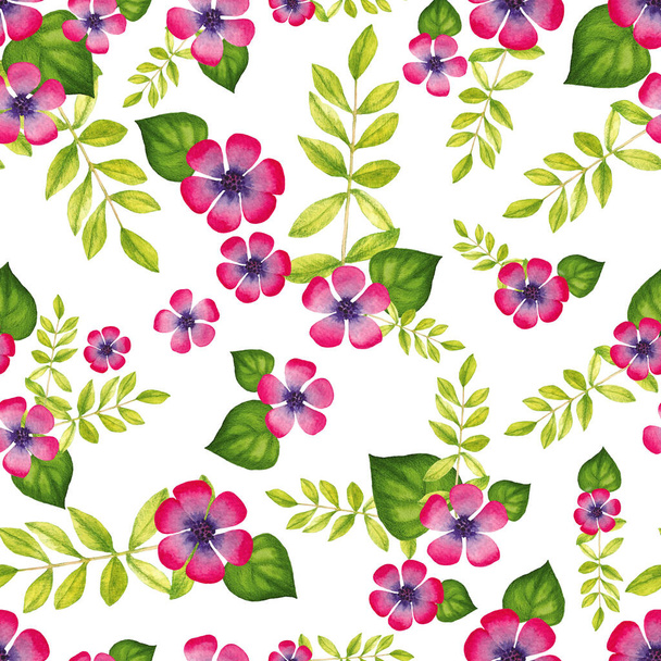 Aquarelle motif de fleurs roses et feuilles vertes sur un fond blanc. Modèle sans couture été. - Photo, image