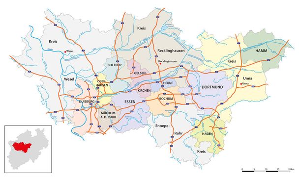 a legnagyobb német nagyvárosi régió, a Ruhr-vidék vektortérképe - Vektor, kép