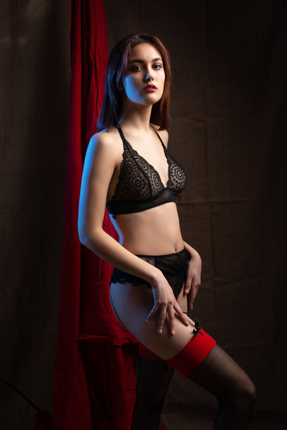 Mooie jongedame in lingerie en kousen op een rode bank. Sensuele foto van fashion model in studio. - Foto, afbeelding