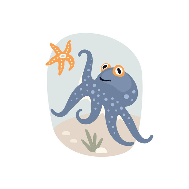 Nette Karikatur Meeresblauer Oktopus auf farbigem Hintergrund, flache Illustration. - Vektor, Bild