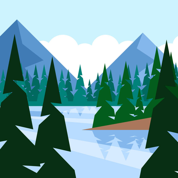 Zimní krajina s lesem a jezerem. Vektorová ilustrace v plochém stylu. - Vektor, obrázek