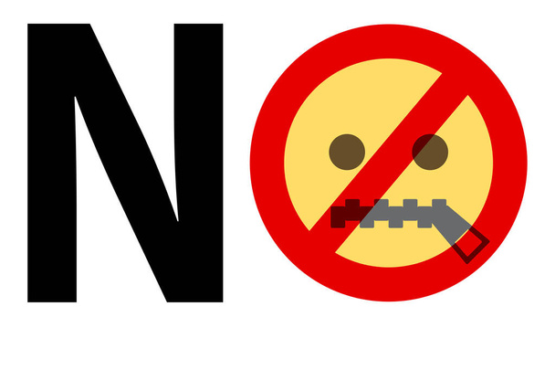 ningún texto con señal de prohibición contra la cara de la boca de la cremallera emoji sobre fondo blanco, la censura de los medios de comunicación concepto vector ilustración - Vector, Imagen
