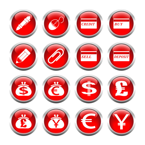 Set of buttons for web, pen, card, clip, purse, currency. - Vektor, Bild