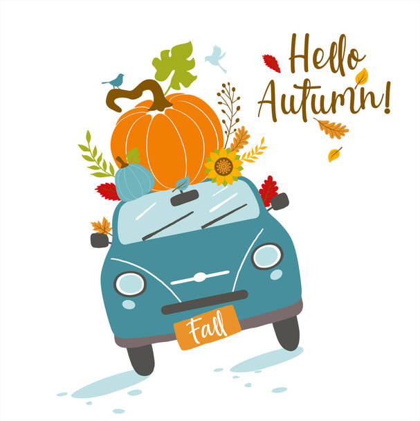 Vector autumn greeting card with car and pumpkin, falling leaves and text Hello autumn . - Вектор,изображение