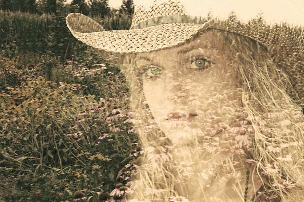 Country Girl in Double Exposure Image - Flowers - Photo, Image