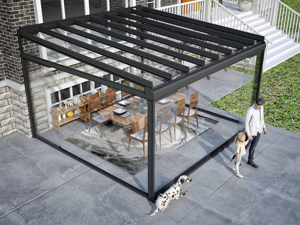 American house and patio sunroom, pergola gazebo. 3d rendering - Photo, Image