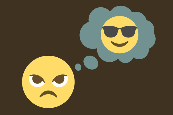 emoji visage en colère et bulle de pensée avec sourire visage cool avec des lunettes de soleil sur fond sombre, illustration vectorielle concept - Vecteur, image