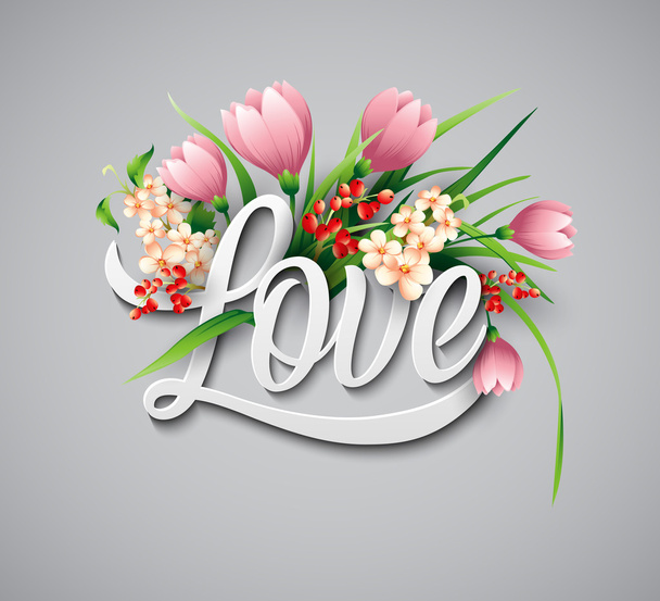 Slovo láska s květinami - Vektor, obrázek