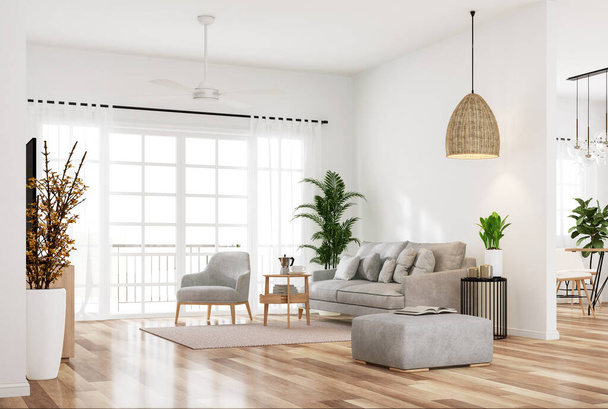 Modern style white living and dining room 3d render The room has a parquet floor decorated with light gray fabric furniture and translucent white curtains, natural light comes through the room. - Zdjęcie, obraz