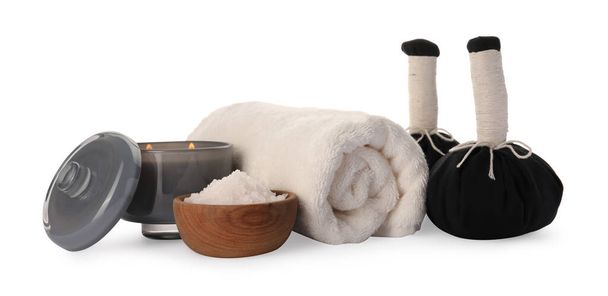 Beautiful composition with different spa products on white background - Valokuva, kuva