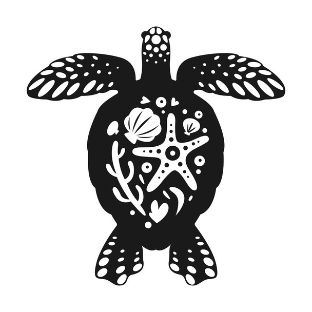 Dibujos de tortugas marinas negras, estrellas de mar y conchas en una concha de tortuga. - Vector, imagen