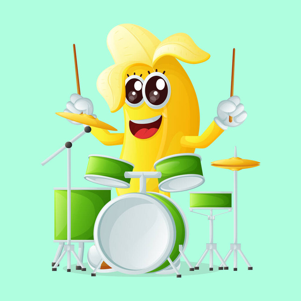 Cute banana character playing drum. Perfect for kids, merchandise and sticke - Vector, afbeelding
